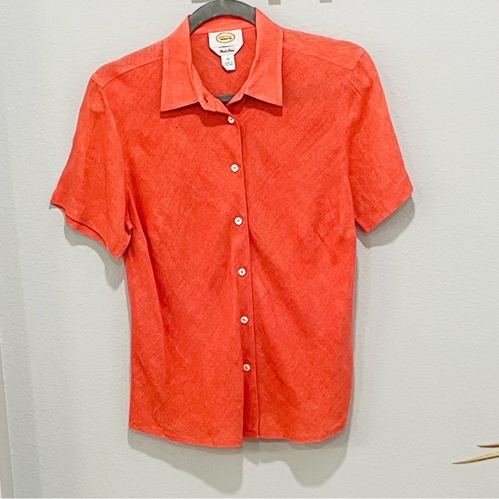 Talbots Orange Irish Linen Short Sleeve Button Down Top Women’s Size 10
